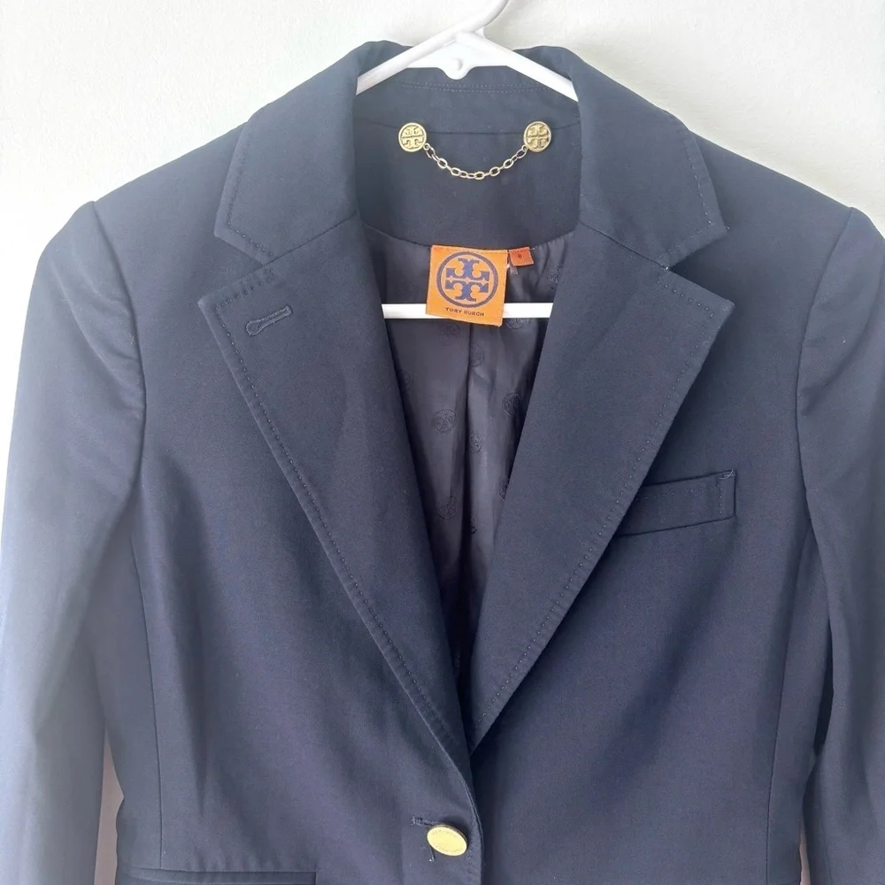 Tory Burch Navy Blue Wool Blend Blazer Gold Buttons Professional Business Career